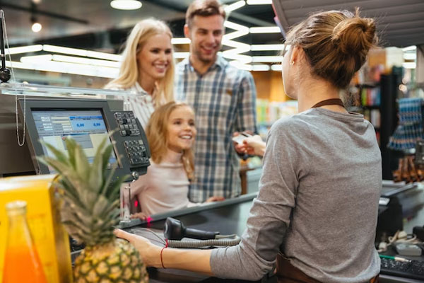 Supermercados en Madrid - Hombre con su familia le entrega la tarjeta a la cajera del supermercado para realizar la compra en Madrid