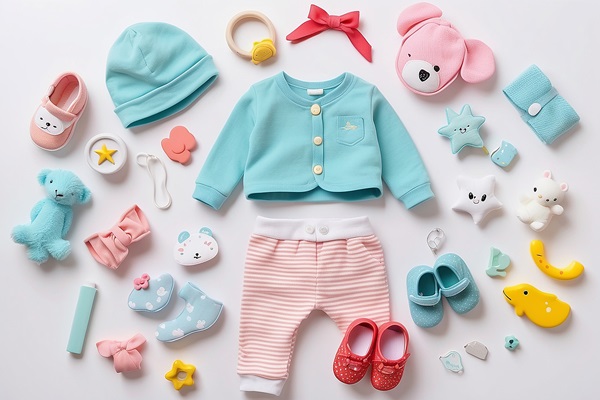 Tiendas para bebé on line - Prendas y accesorios de bebé en colores rosado y azul sobre una mesa blanca