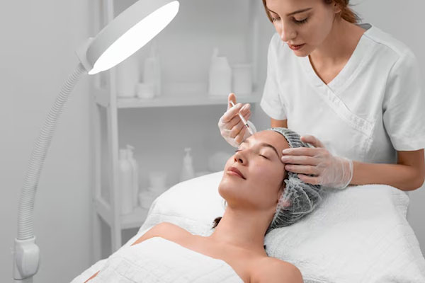 Dermatóloga aplica relleno dérmico para estimular la producción de colágeno y elastina en el rostro de una paciente