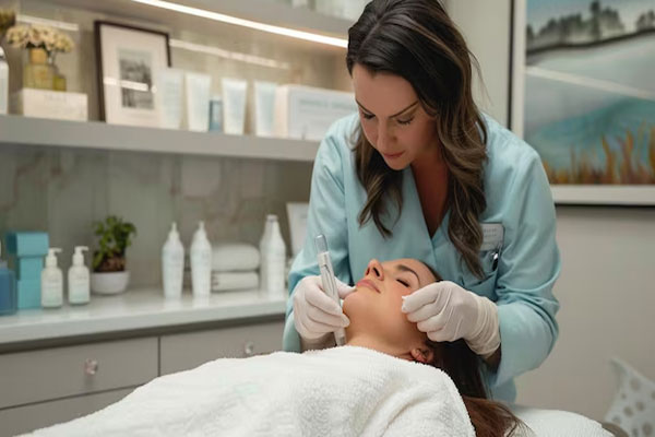 Mejor clínica ácido hialurónico Barcelona - Dermatóloga examina el rostro de una paciente a quien aplicará ácido hialurónico labios