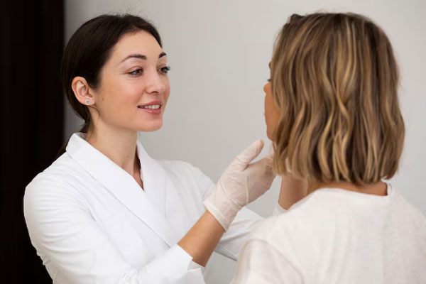 Mejor clínica ácido hialurónico Barcelona - Dermatóloga examina el rostro de una mujer joven previo a un tratamiento de ácido hialurónico Barcelona