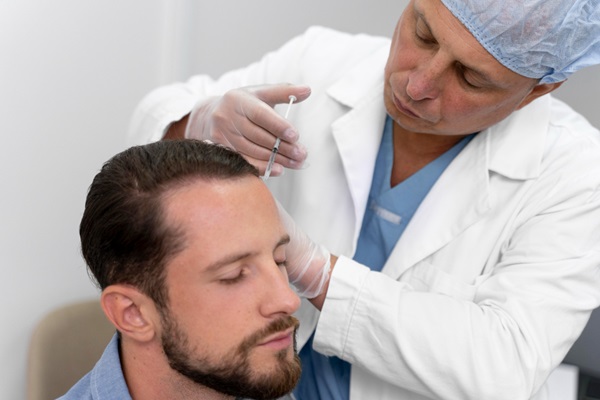 Mejores cirujanos capilares Barcelona - Médico especialista realizando un injerto capilar Barcelona a un hombre con alopecia en las entradas