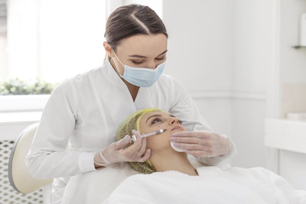 Mejores clínicas de ácido hialurónico Madrid - Médico especialista aplicando un tratamiento de aumento de labios a una mujer joven