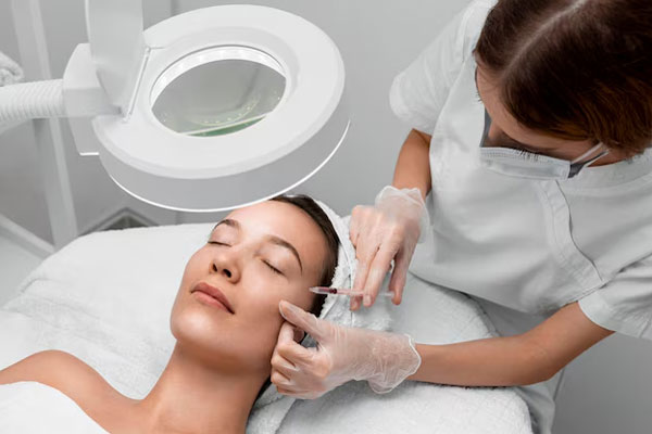 Dermatóloga aplica tratamiento con ácido hialurónico Barcelona para atenuar las arrugas y rejuvenecer el rostro de una paciente en la mejor clínica estética Barcelona