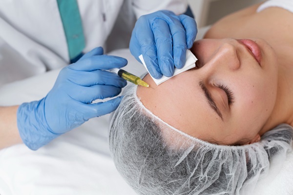 Médico especialista aplicando una inyección en el rostro de una mujer joven