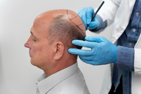 Trasplante capilar Turquía - Médico capilar realizando el boceto del injerto capilar Turquía a un hombre con alopecia avanzada
