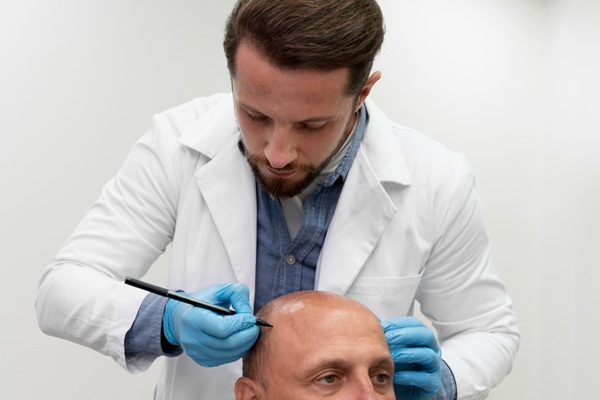 Procedimiento injerto capilar Madrid - Médico capilar realizando el diseño del injerto capilar Madrid a un hombre con pérdida de cabello avanzada