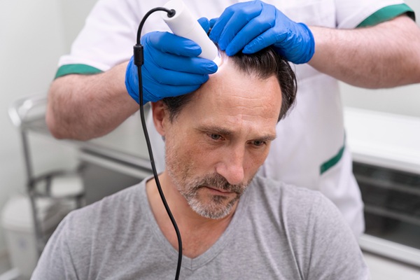 Soluciones para la alopecia - Hombre con alopecia recibiendo un tratamiento con láser en la mejor clínica injerto capilar Madrid