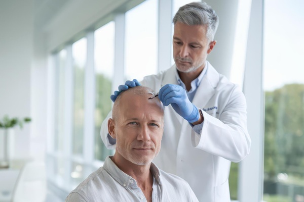 Injerto capilar en Madrid - Mejor cirujano capilar España evaluando a un hombre con alopecia para realizar un trasplante capilar Madrid en la mejor clínica injerto capilar Madrid