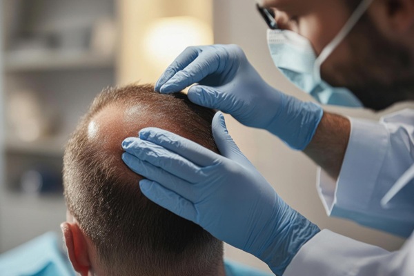 Médico tricólogo evaluando el cuero cabelludo de un hombre con alopecia en la coronilla