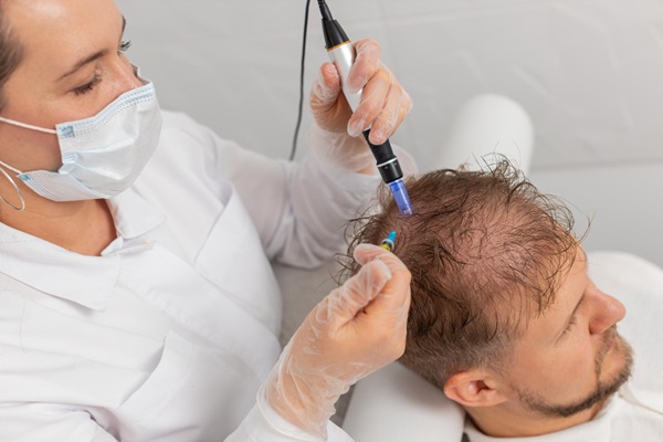 Técnicas de injerto capilar Madrid - Médico capilar realizando un procedimiento de implante de cabello con la técnica DHI en una de las mejores clínicas injerto capilar Madrid
