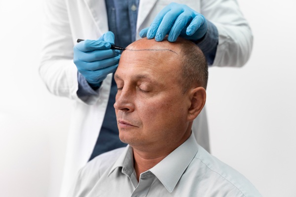 Ventajas del injerto capilar Turquía - Médico tricólogo realizando el diseño del implante capilar Turquía a un hombre con alopecia avanzada